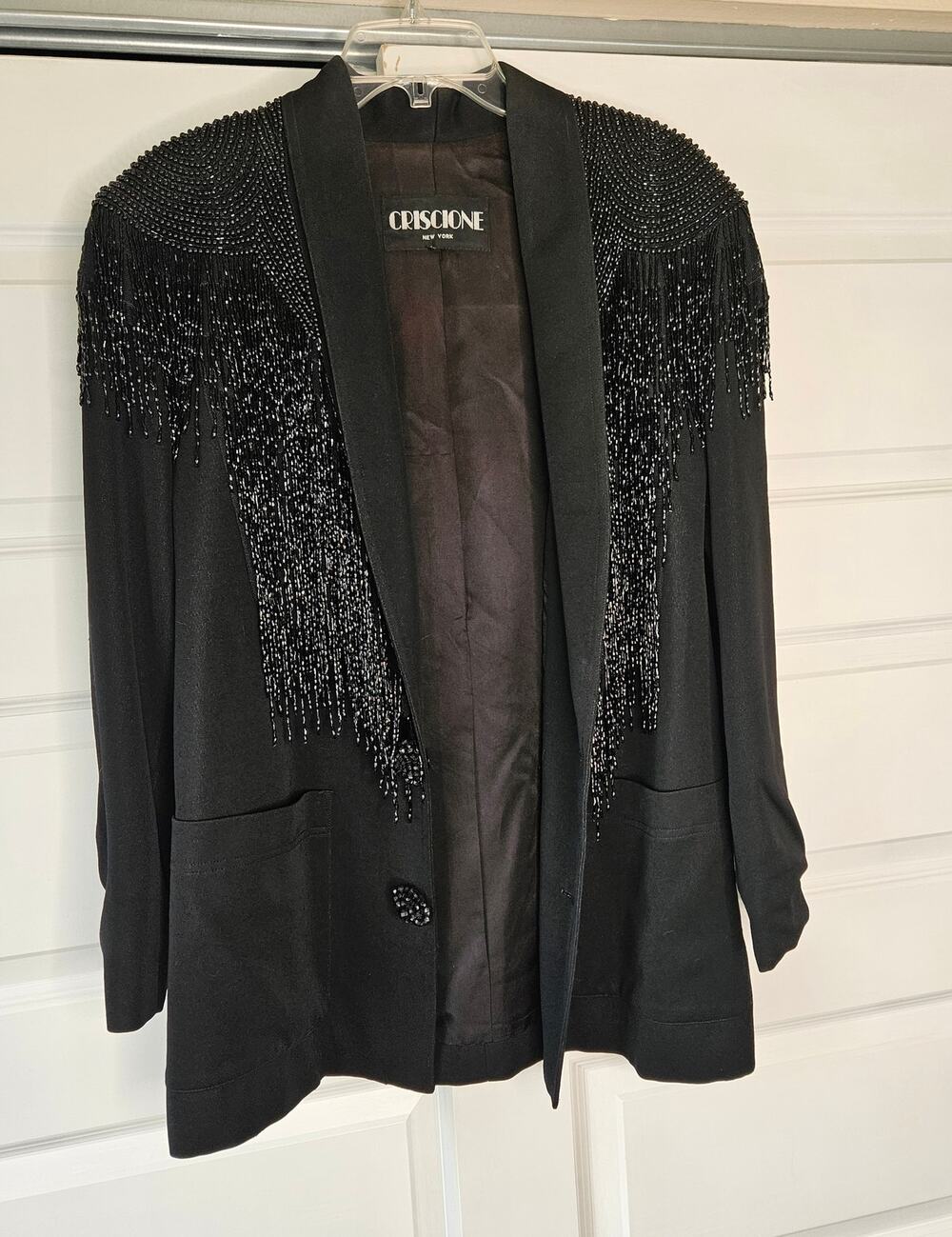 Vtg 80s Criscione New York Beaded Chevron Fringe Power Blazer Jacket Large Black
